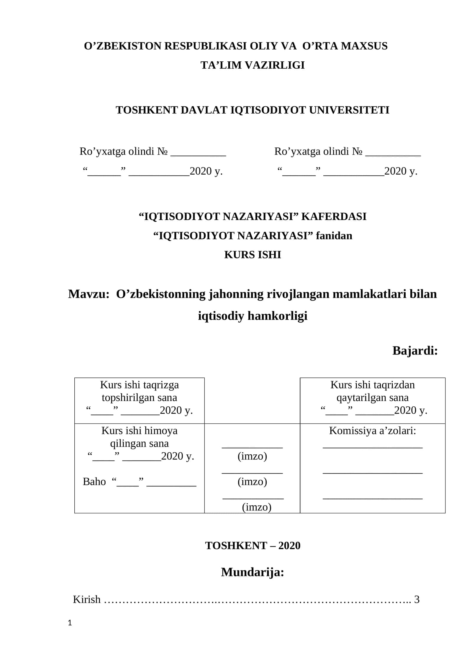 KURS ISHI - O’zbekistonning jahonning rivojlangan mamlakatlari bilan iqtisodiy hamkorligi