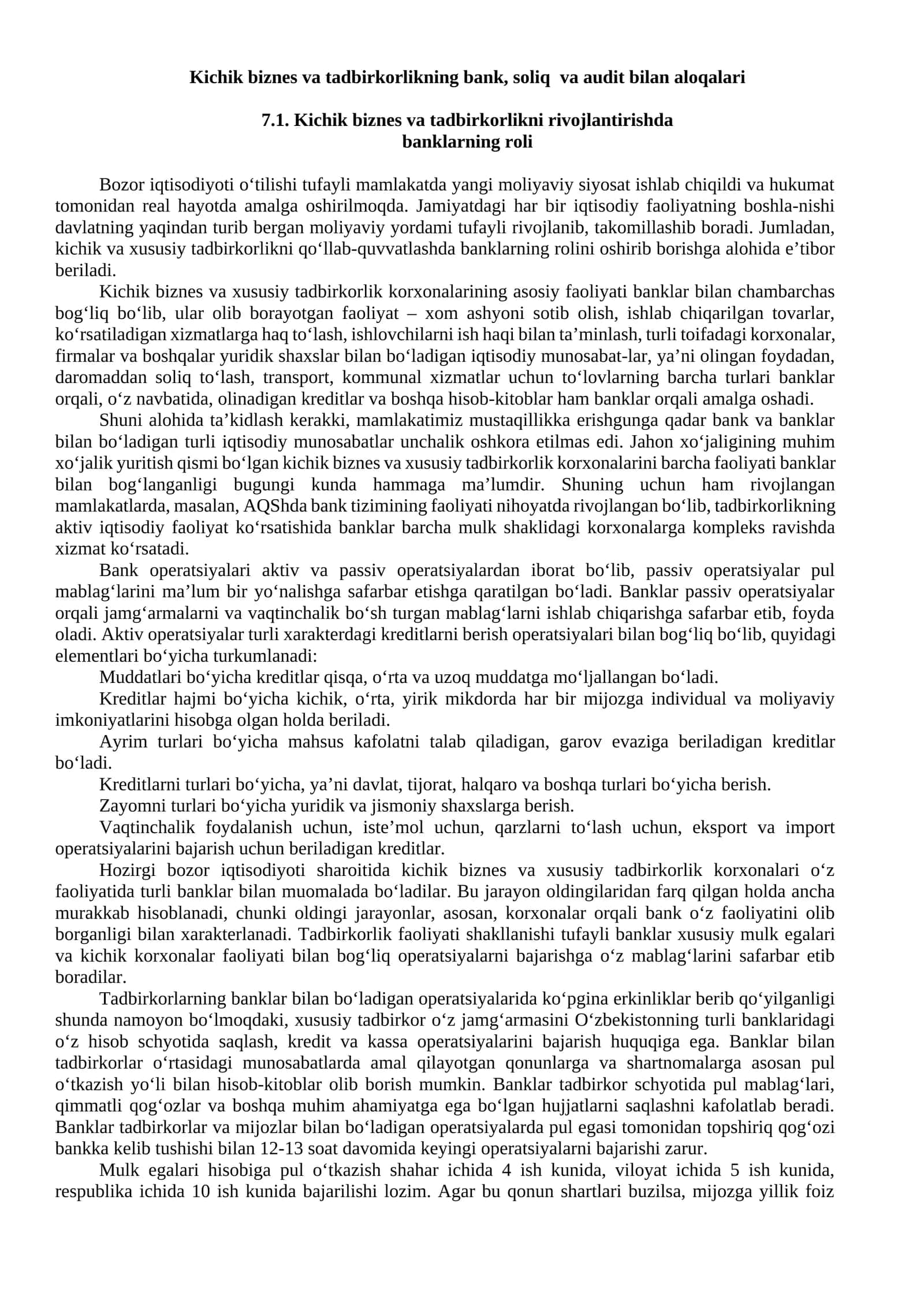 Kichik biznes va tadbirkorlikning bank, soliq va audit bilan aloqalari