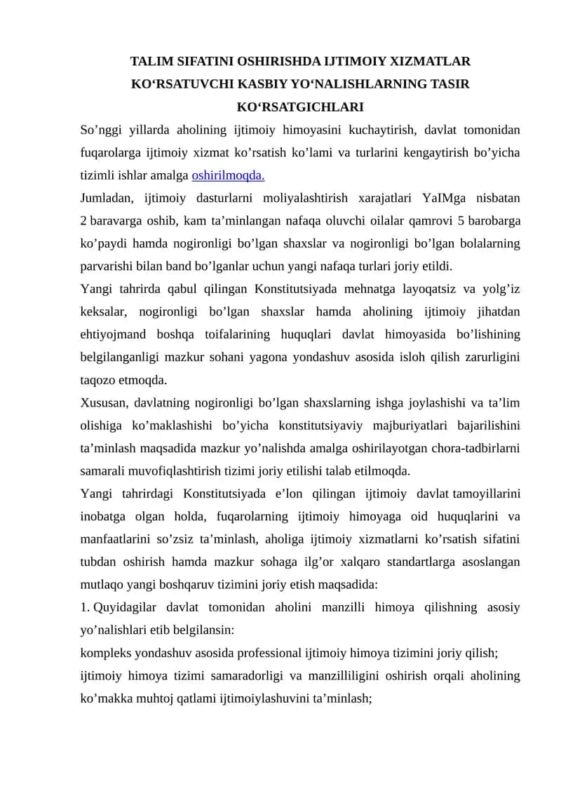 IJTIMOIY XIZMATLAR KOʻRSATUVCHI KASBIY YOʻNALISHLARNING TASIR KOʻRSATGICHLARI