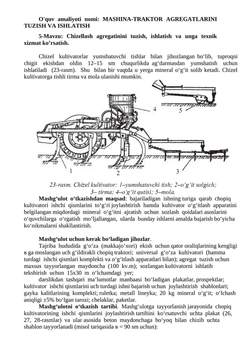 MASHINA-TRAKTOR AGREGATLARINI TUZISH VA ISHLATISH