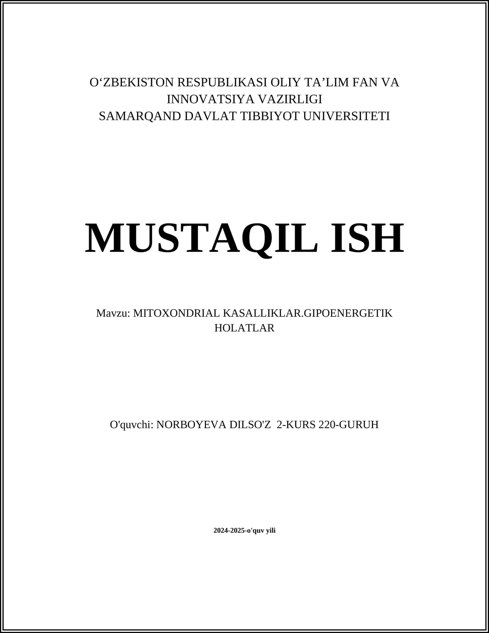 MITOXONDRIAL KASALLIKLAR.GIPOENERGETIK HOLATLAR