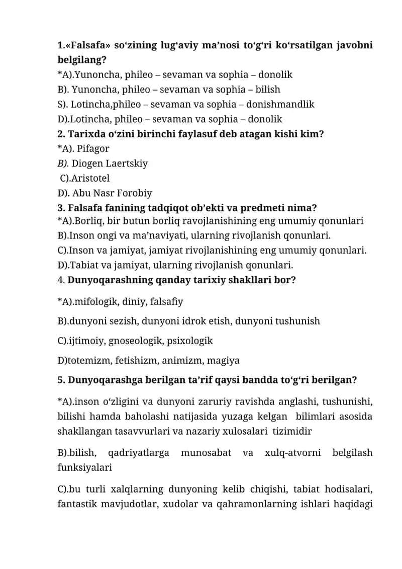 Falsafa fanidan testlar to'plami