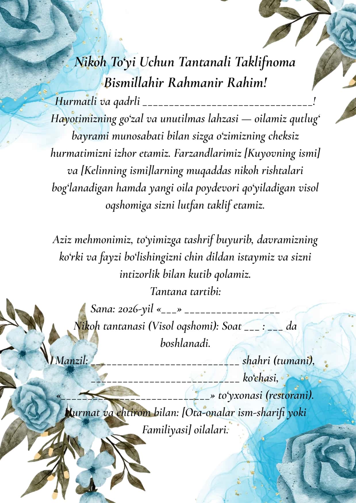 NikohTo‘yi Uchun Tantanali Taklifnoma