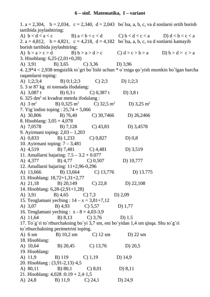 Matematika Sinflarining Test Savollari