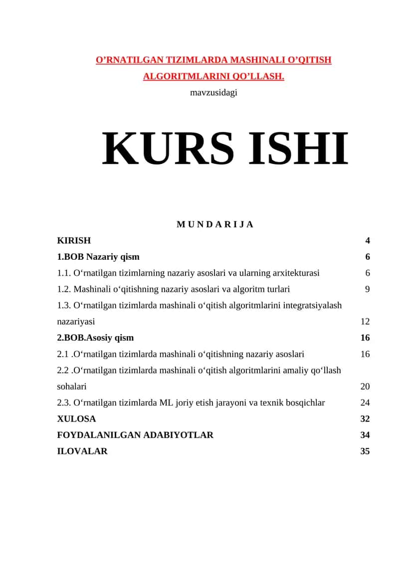 O’RNATILGAN TIZIMLARDA MASHINALI O’QITISH ALGORITMLARINI QO’LLASH