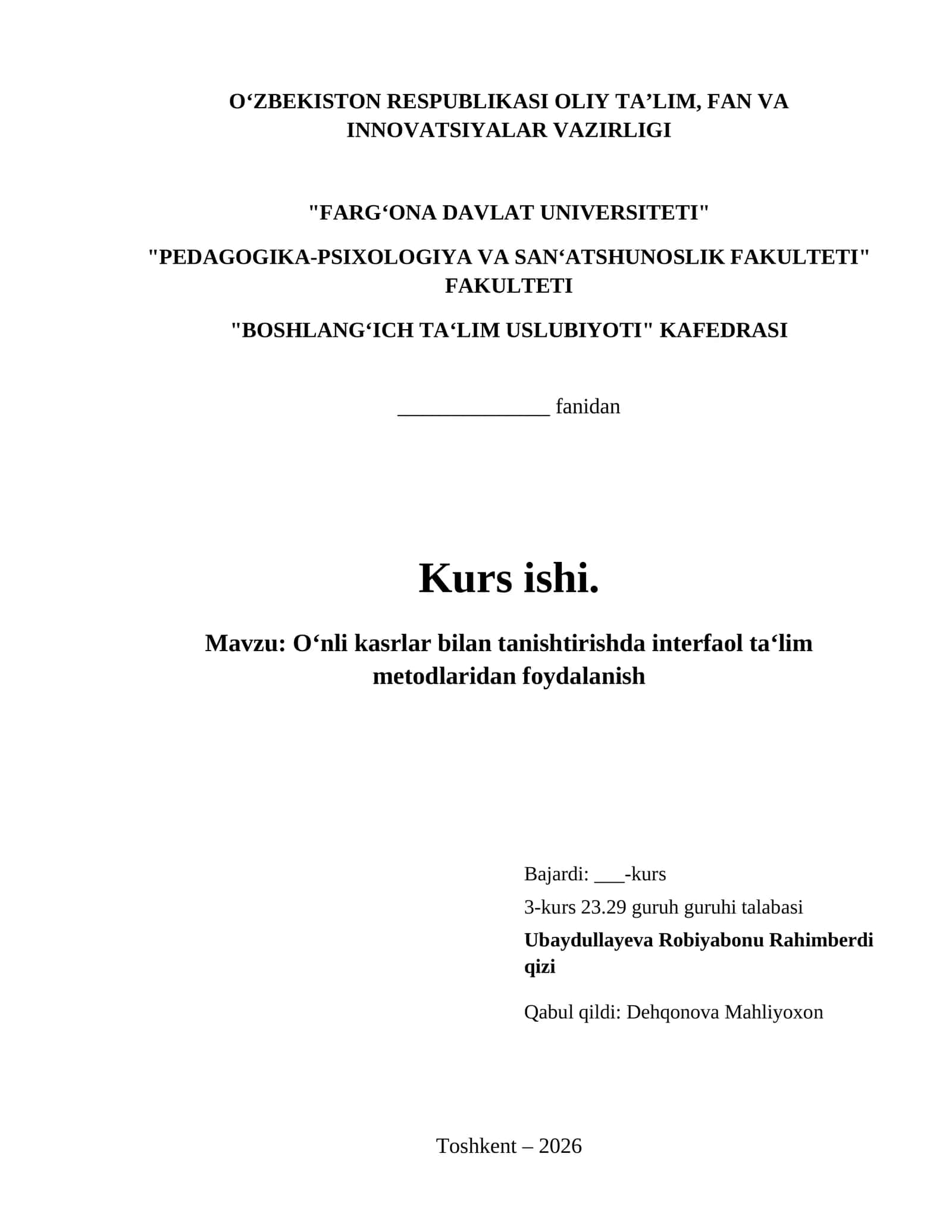 O‘nli kasrlar bilan tanishtirishda interfaol ta‘lim metodlaridan foydalanish