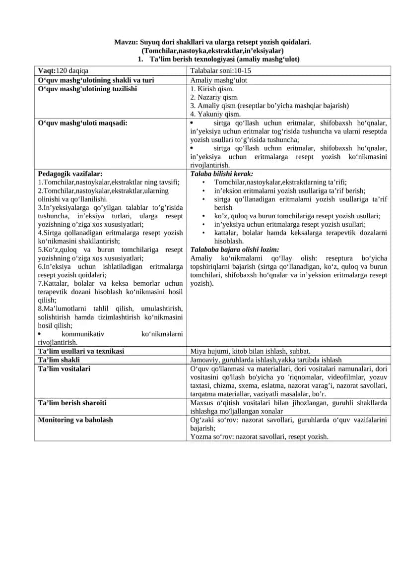 Suyuq dori shakllari va ularga retsept yozish qoidalari.(Tomchilar,nastoyka,ekstraktlar,in’eksiyalar)