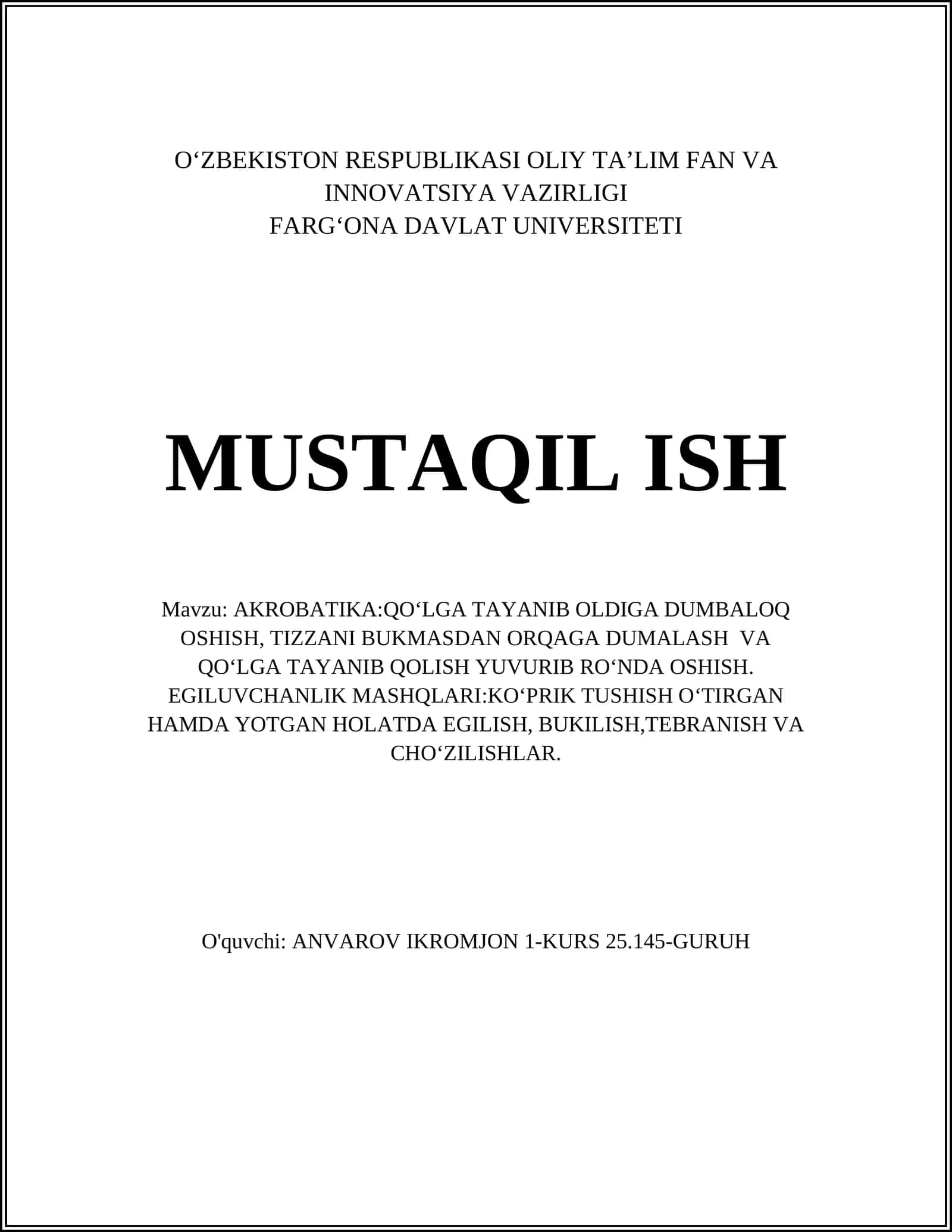 AKROBATIKA:QO‘LGA TAYANIB OLDIGA DUMBALOQ OSHISH