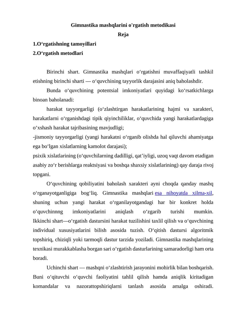 Gimnastika mashqlarini o'rgatish metodikasi