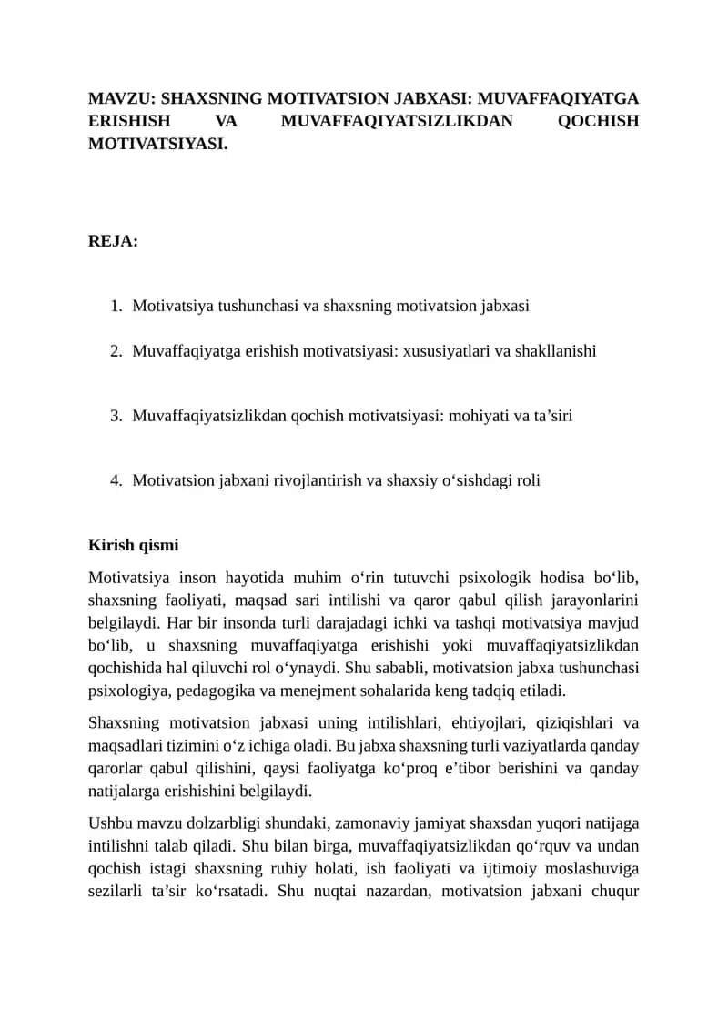 SHAXSNING MOTIVATSION JABXASI: MUVAFFAQIYATGA ERISHISH VA MUVAFFAQIYATSIZLIKDAN QOCHISH MOTIVATSIYASI