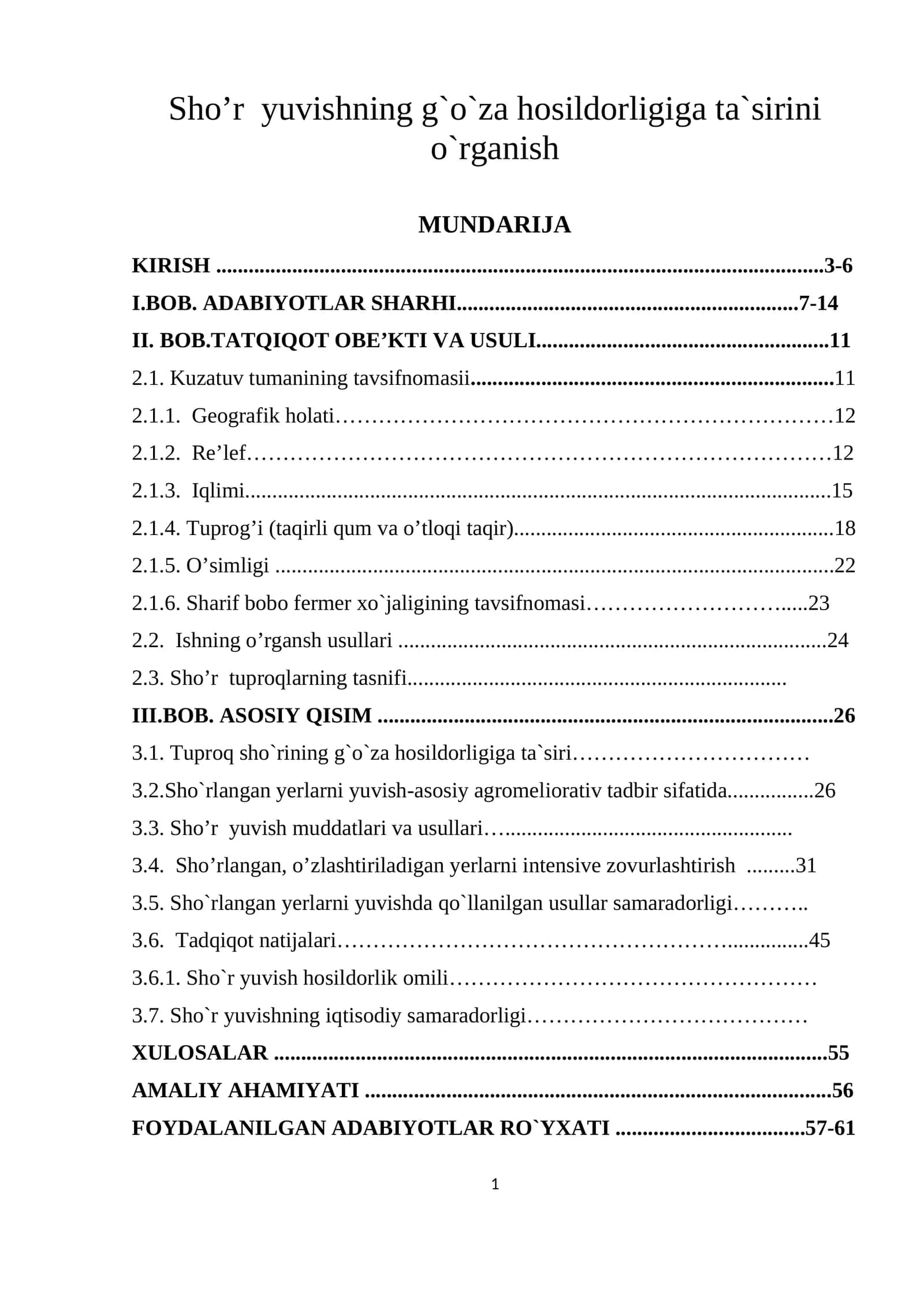 Sho’r yuvishning g`o`za hosildorligiga ta`sirini o`rganish