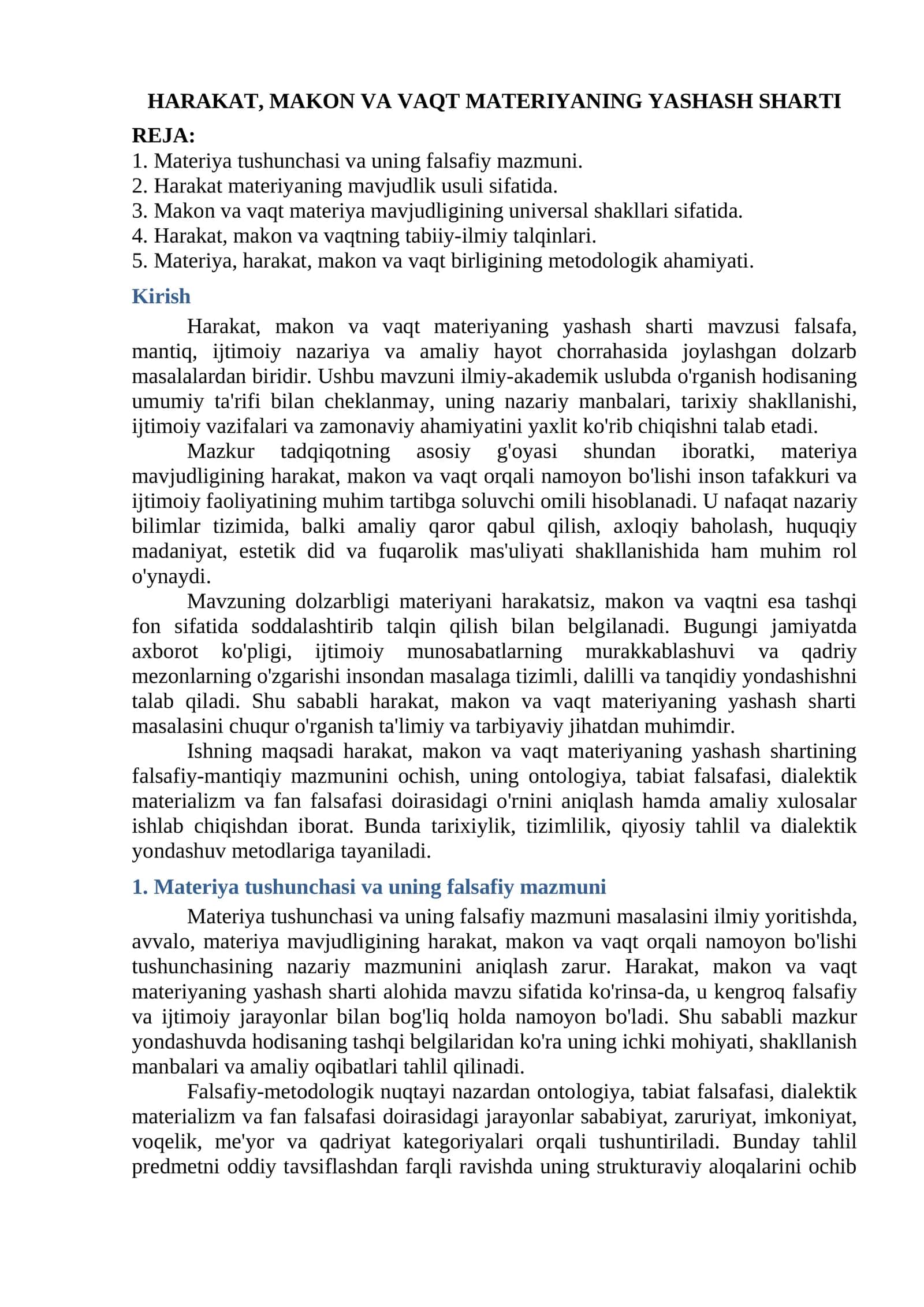 Mavzu: HARAKAT, MAKON VA VAQT MATERIYANING YASHASH SHARTI