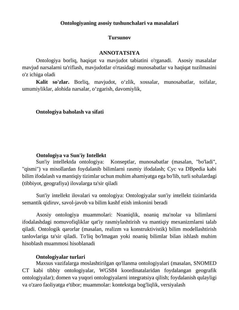 Ontologiyaning asosiy tushunchalari va masalalari
