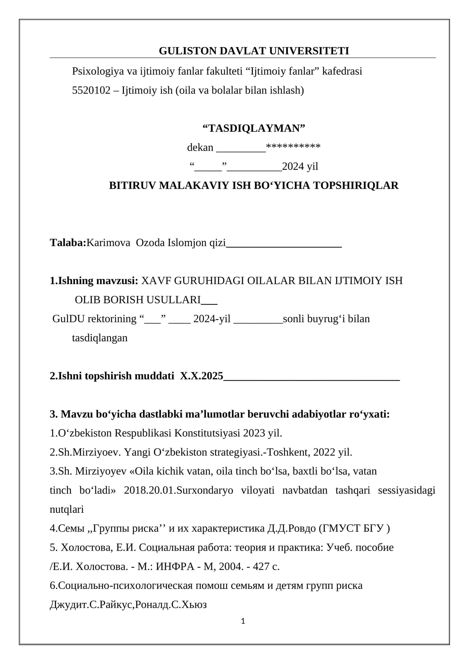Bitiruv malakaviy ish bo‘yicha topshiriqlar