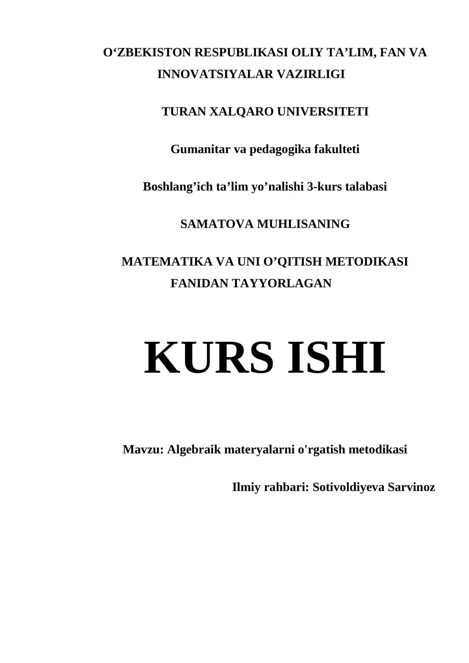 ALGEBRAIK MATERYALARNI O'RGATISH METODIKASI