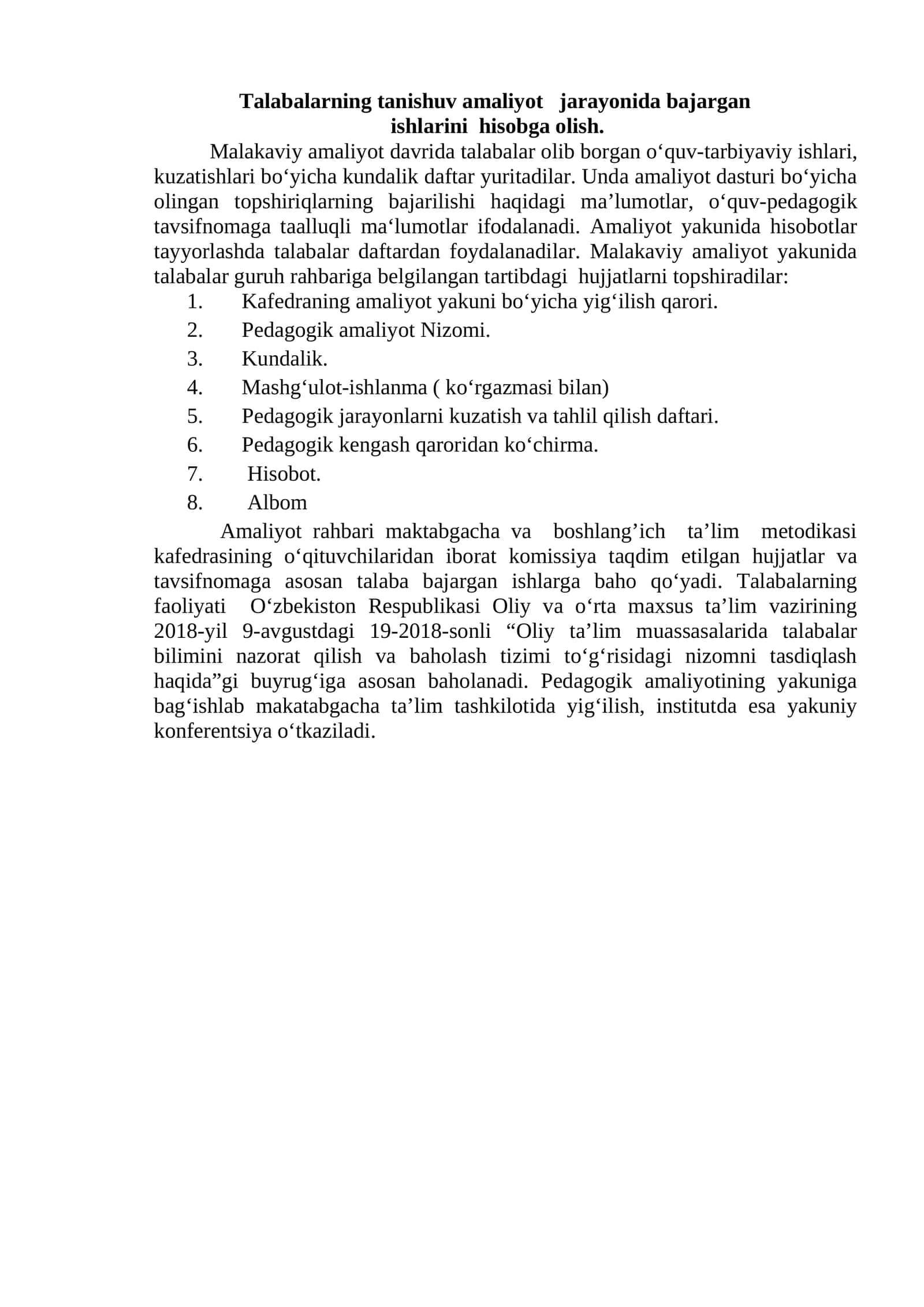 Malakaviy Amaliyot Jarayonida Bajargan Ishlar