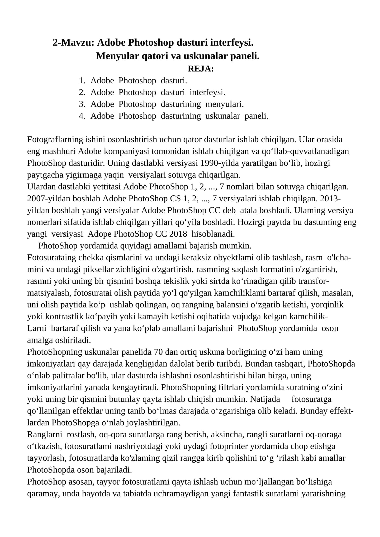 Adobe Photoshop dasturi interfeysi
