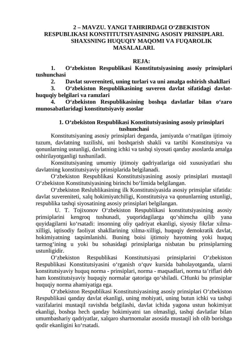 O‘zbekiston Respublikasi Konstitutsiyasining asosiy prinsiplari