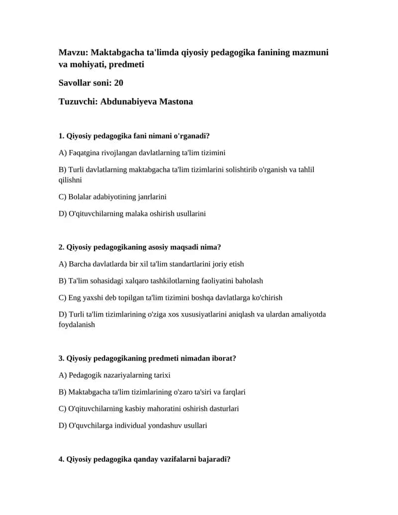 Maktabgacha ta'limda qiyosiy pedagogika