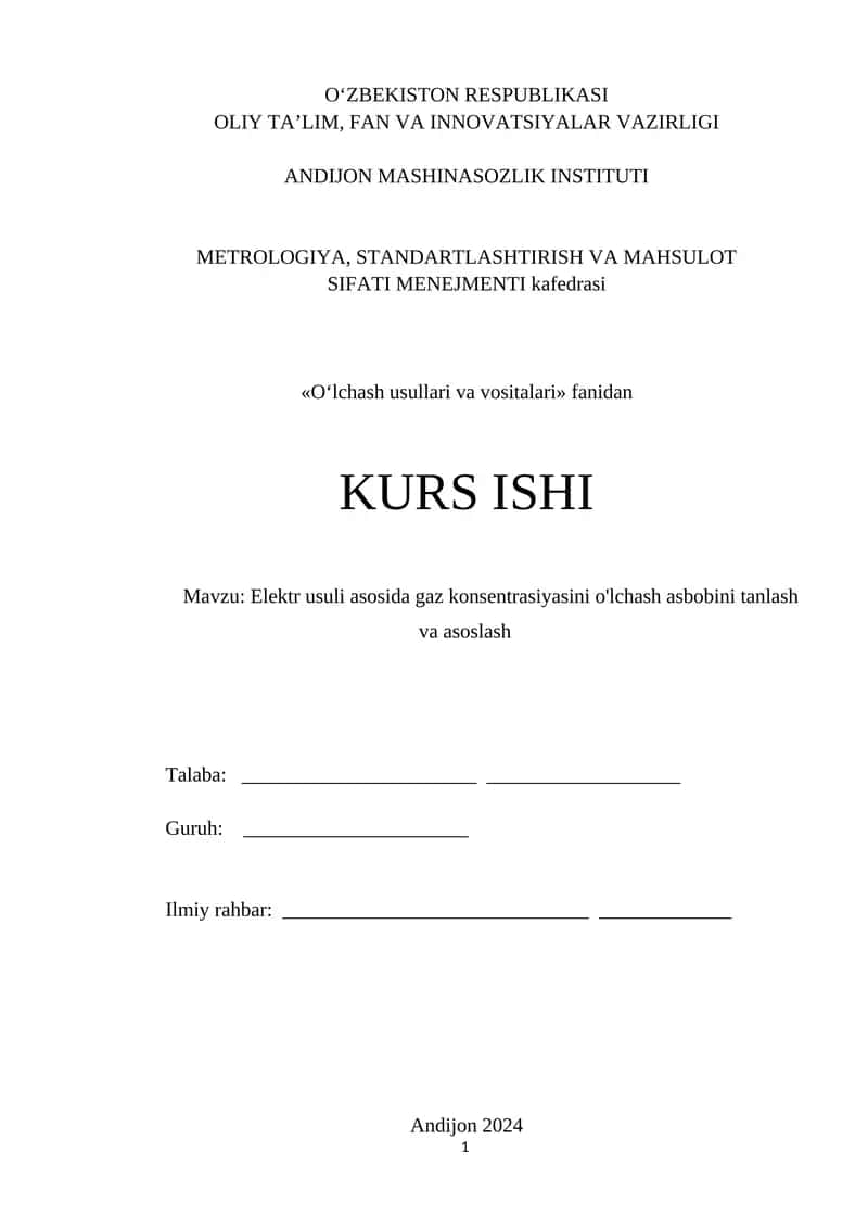 Elektr usuli asosida gaz konsentrasiyasini o'lchash asbobini tanlash va asoslash