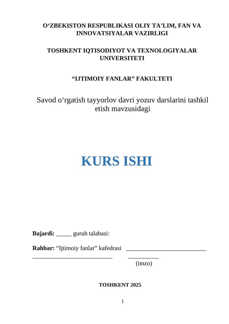 Savod o‘rgatish tayyorlov davri yozuv darslarini tashkil etish