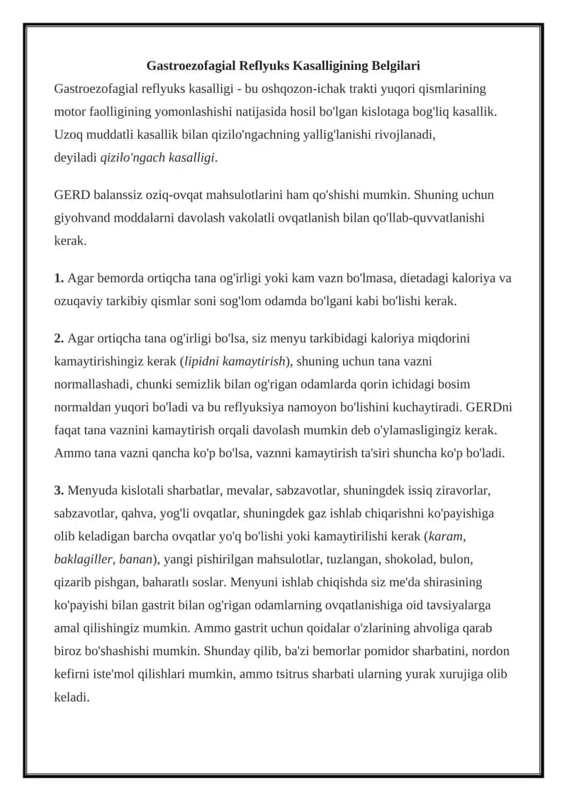 Gastroezofagial Reflyuks Kasalligining Belgilari