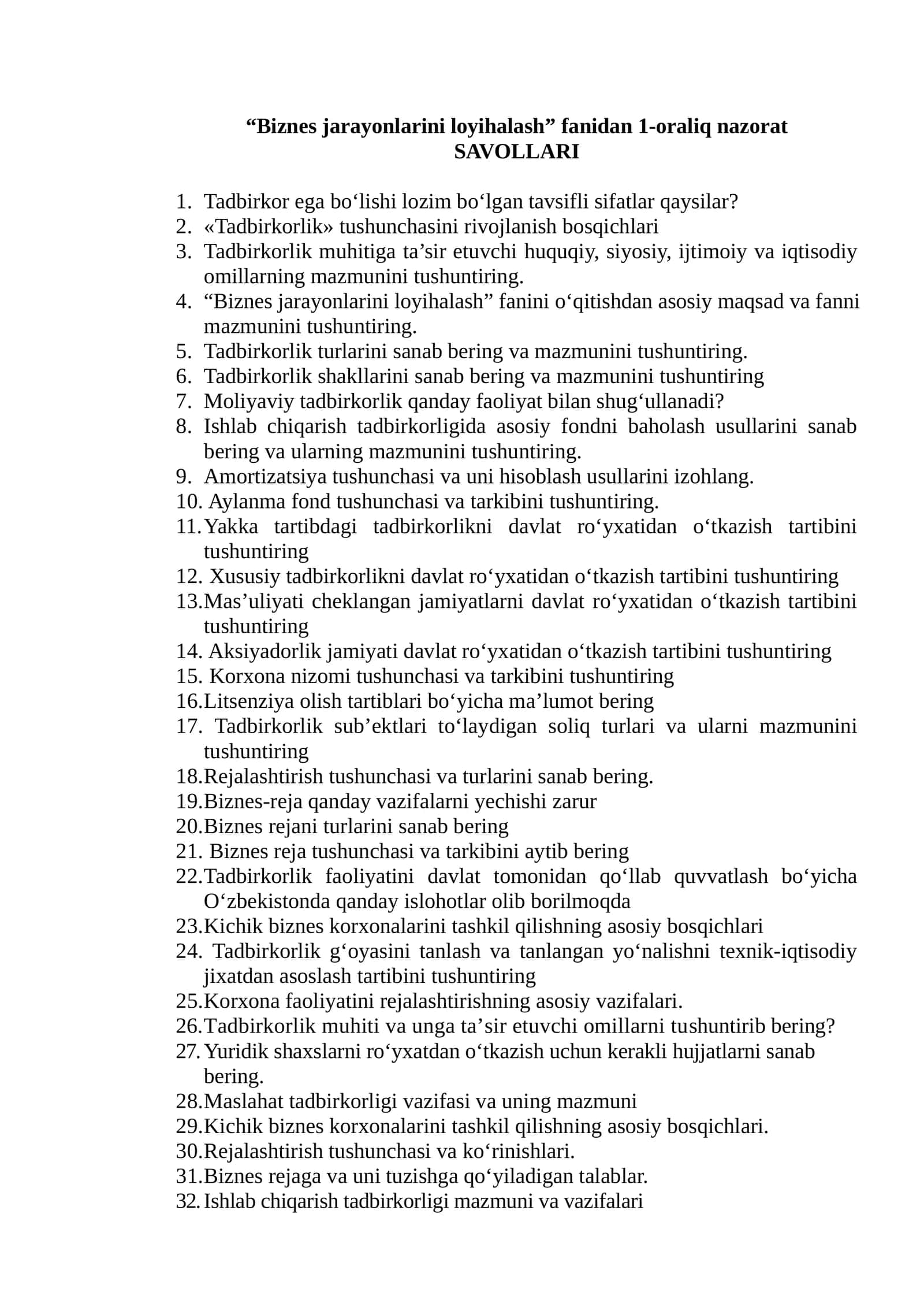 Biznes jarayonlarini loyihalash fanidan 1-oraliq nazorat