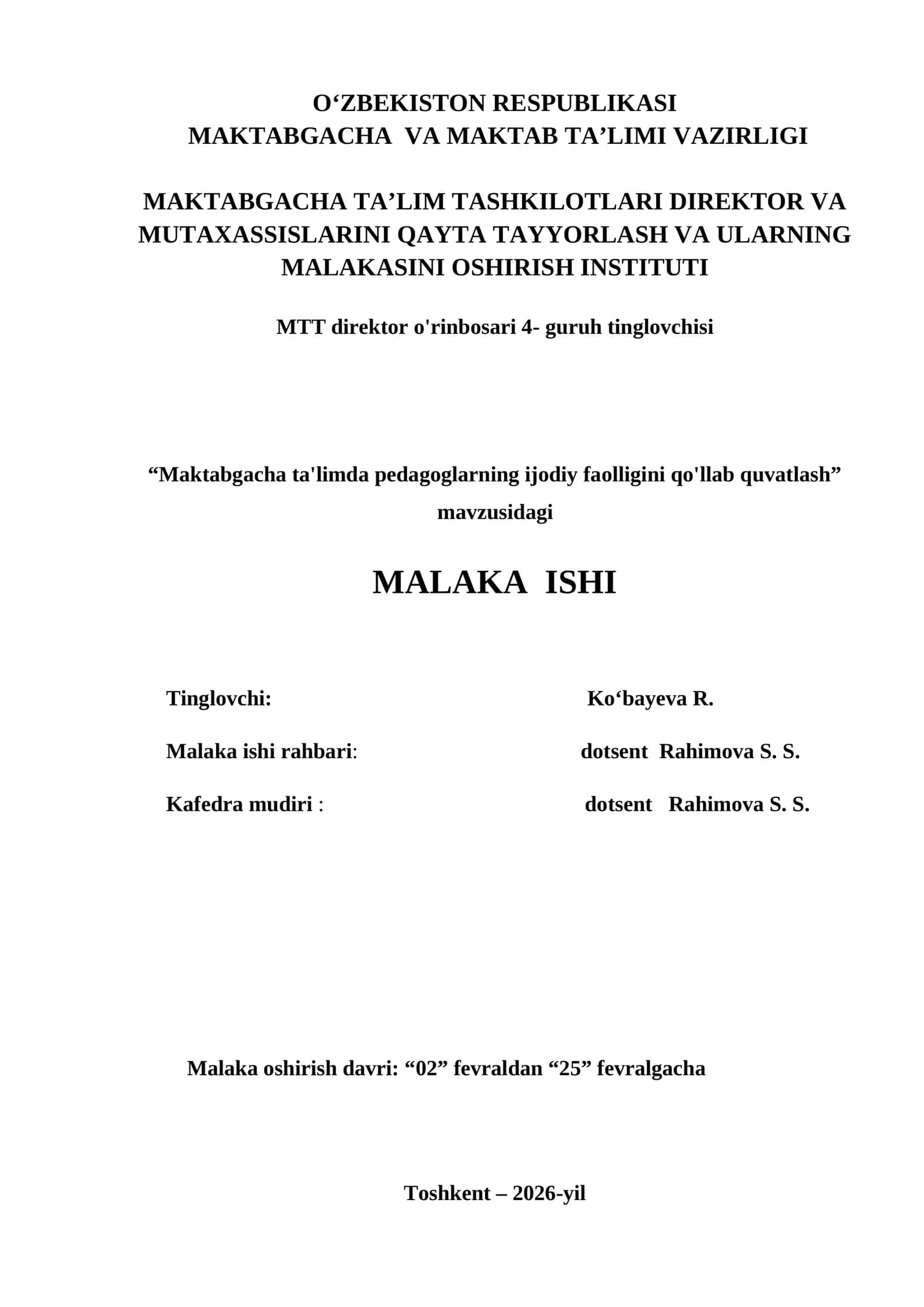 MTT direktor o'rinbosari 4- guruh tinglovchisi