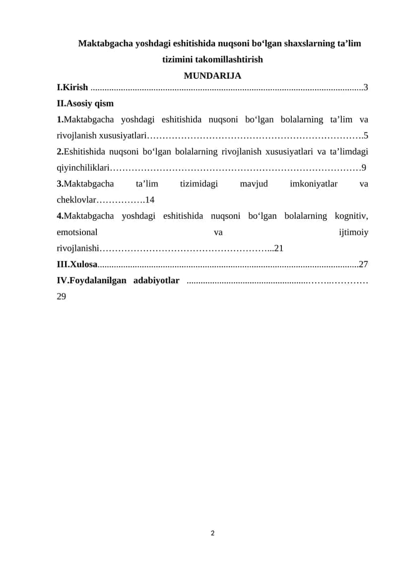 Maktabgacha yoshdagi eshitishida nuqsoni bo‘lgan shaxslarning ta’lim tizimini takomillashtirish