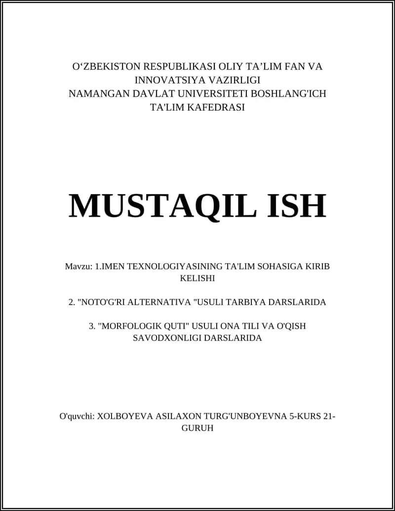 IMEN TEXNOLOGIYASINING TA'LIM SOHASIGA KIRIB KELISHI