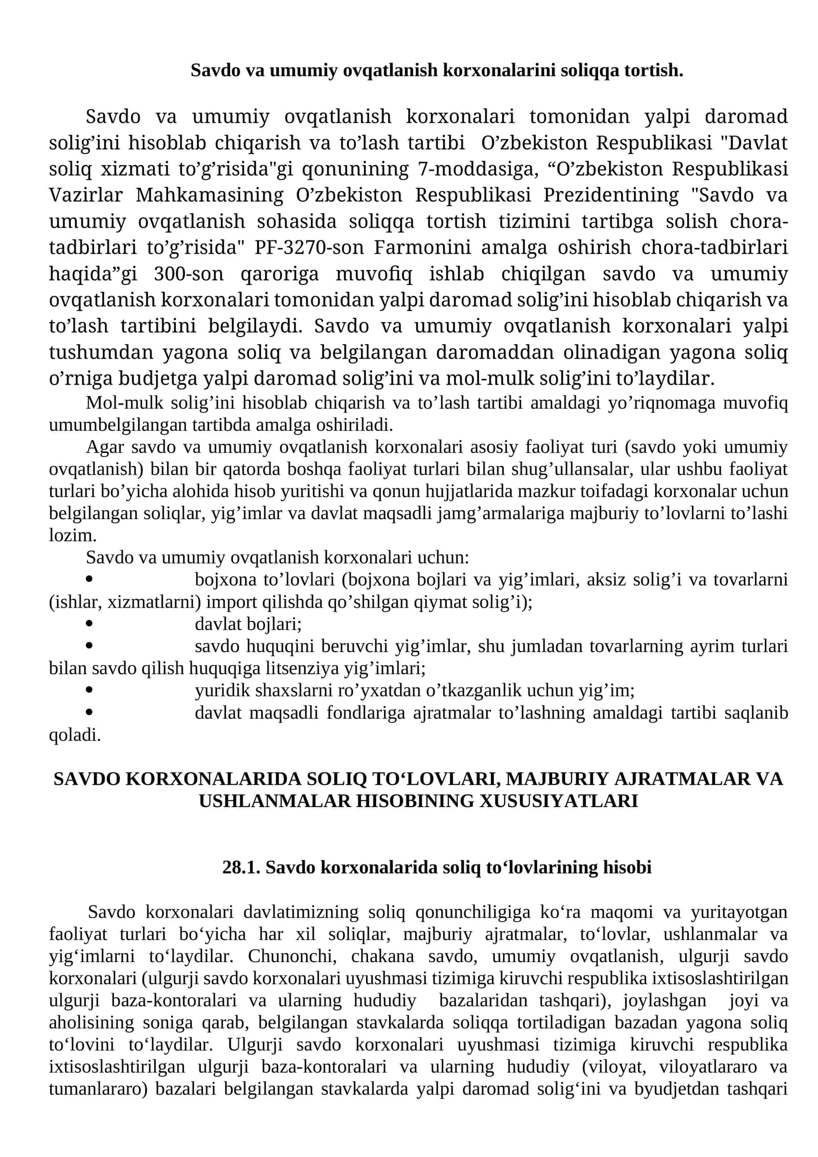 Savdo va umumiy ovqatlanish korxonalarini soliqqa tortish