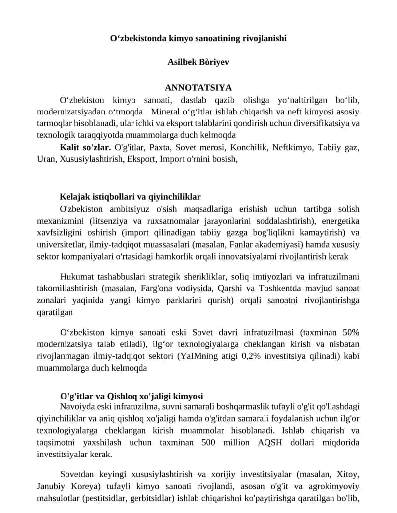 Oʻzbekistonda kimyo sanoatining rivojlanishi
