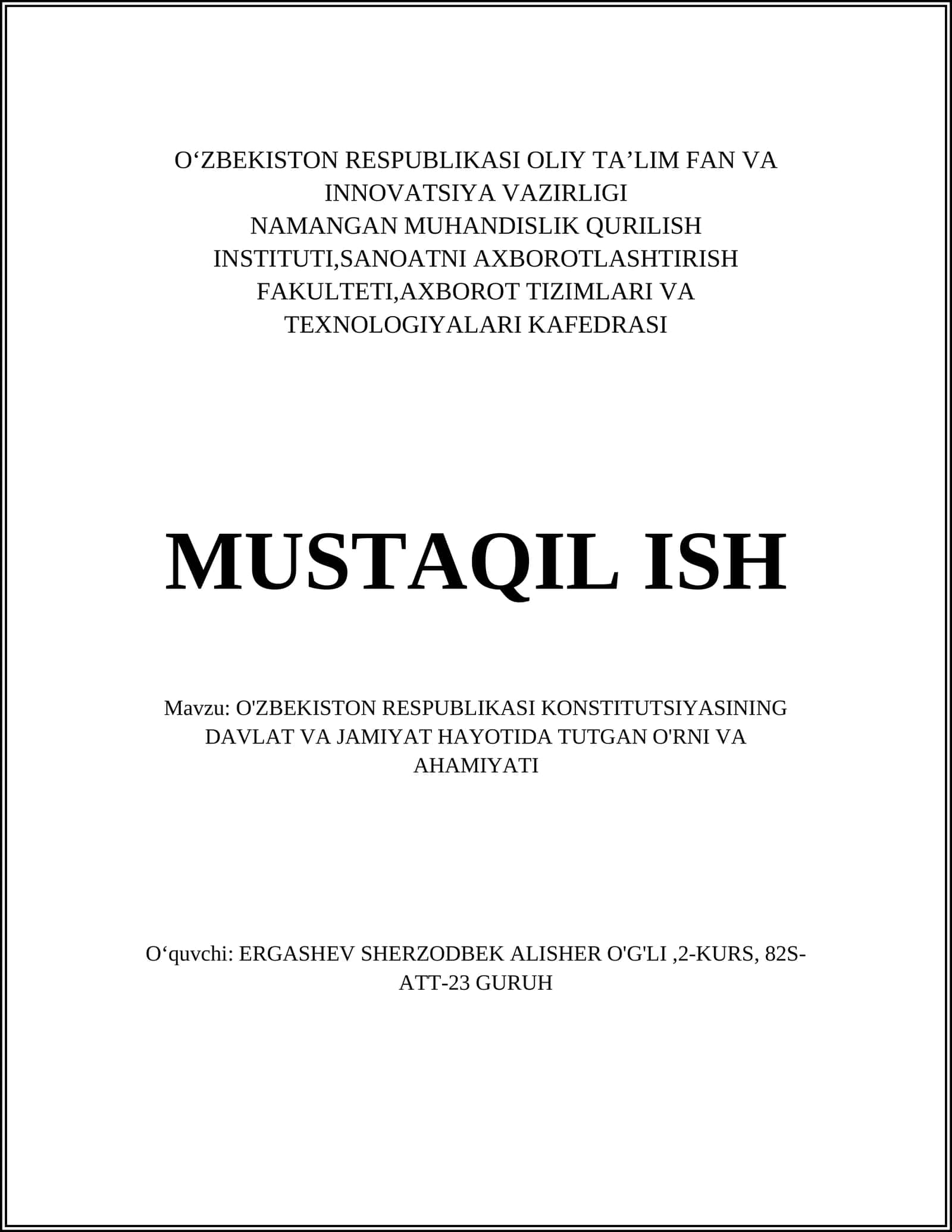 O'ZBEKISTON RESPUBLIKASI KONSTITUTSIYASINING DAVLAT VA JAMIYAT HAYOTIDA TUTGAN O'RNI VA AHAMIYATI
