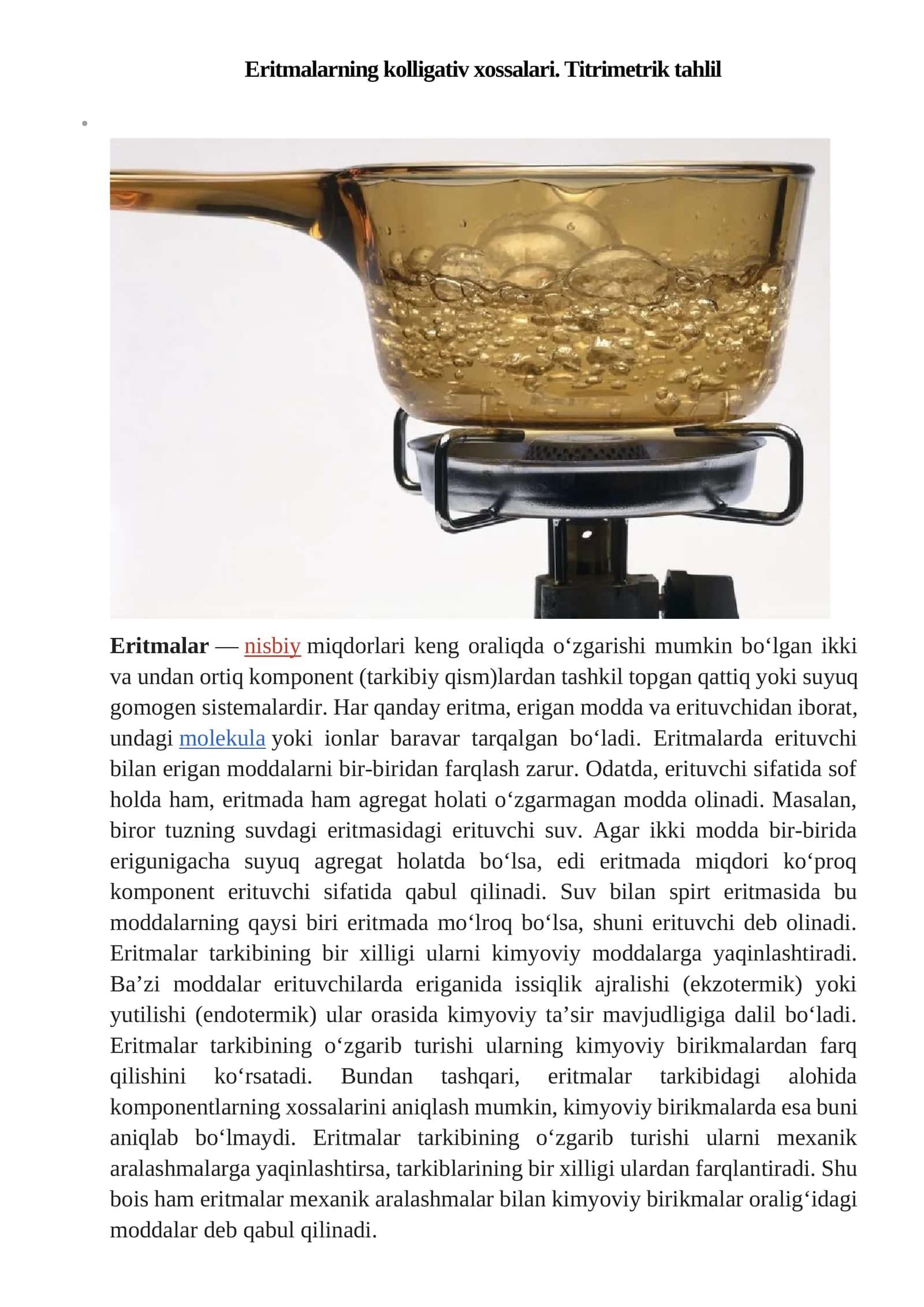 Eritmalarning kolligativ xossalari. Titrimetrik tahlil