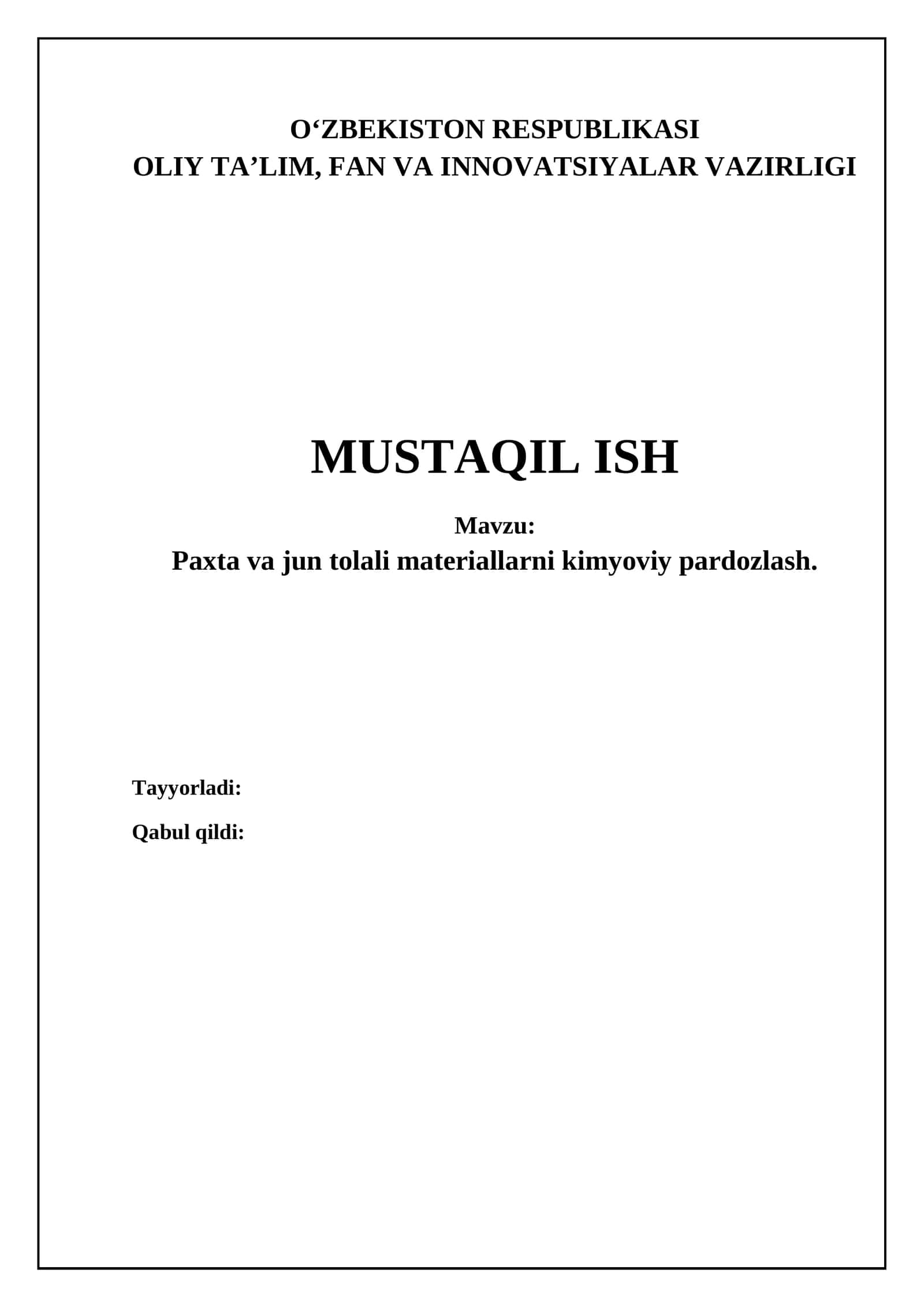 Paxta va jun tolali materiallarini kimyoviy pardozlash
