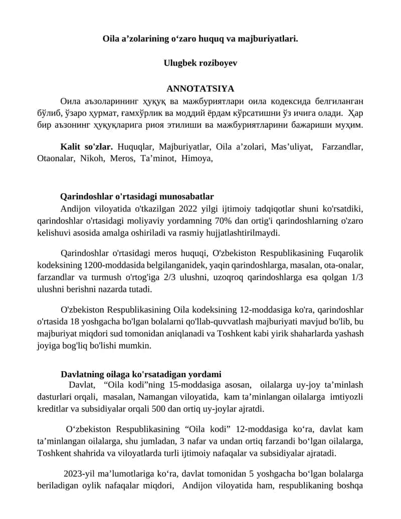 Oila a’zolarining o‘zaro huquq va majburiyatlari