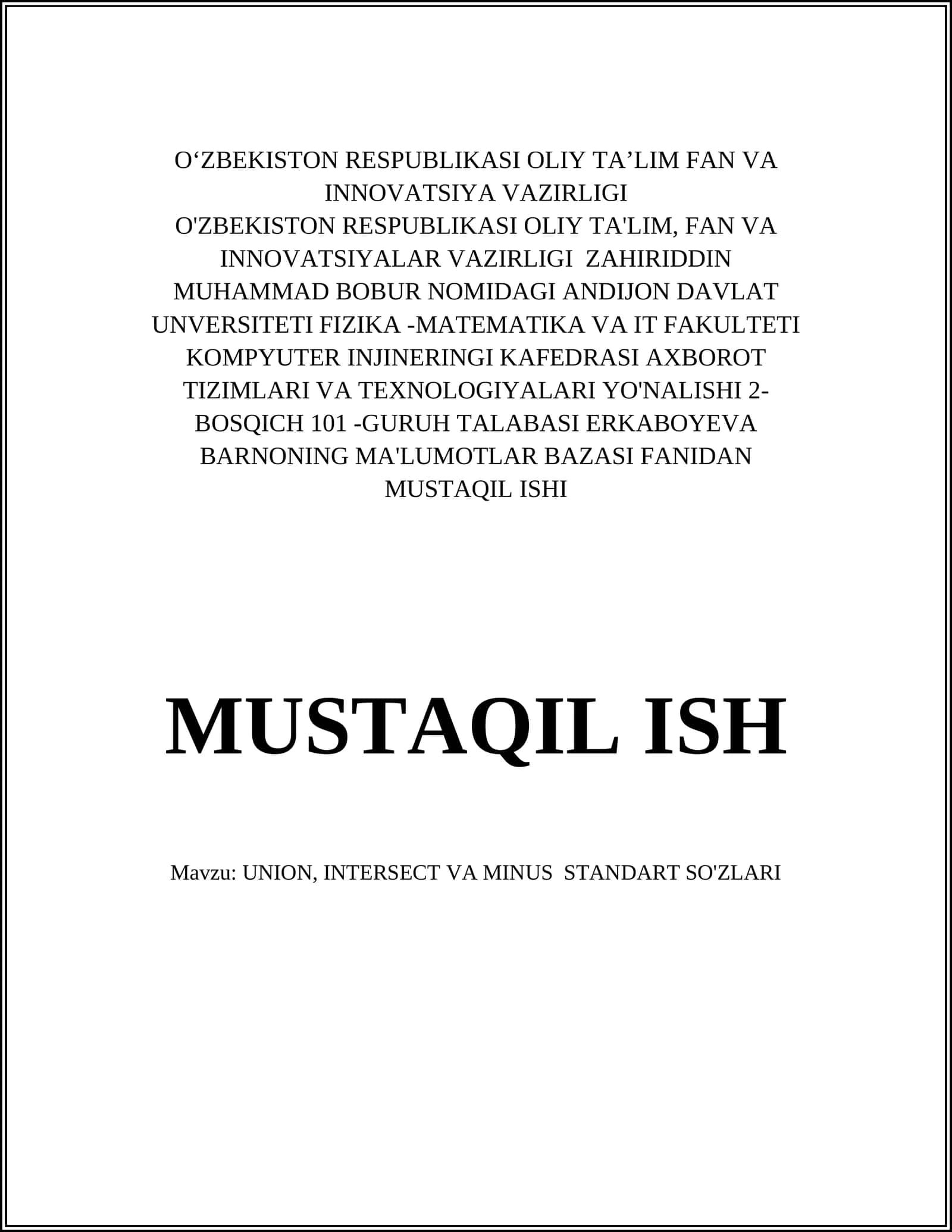 UNION, INTERSECT VA MINUS STANDART SO'ZLARI