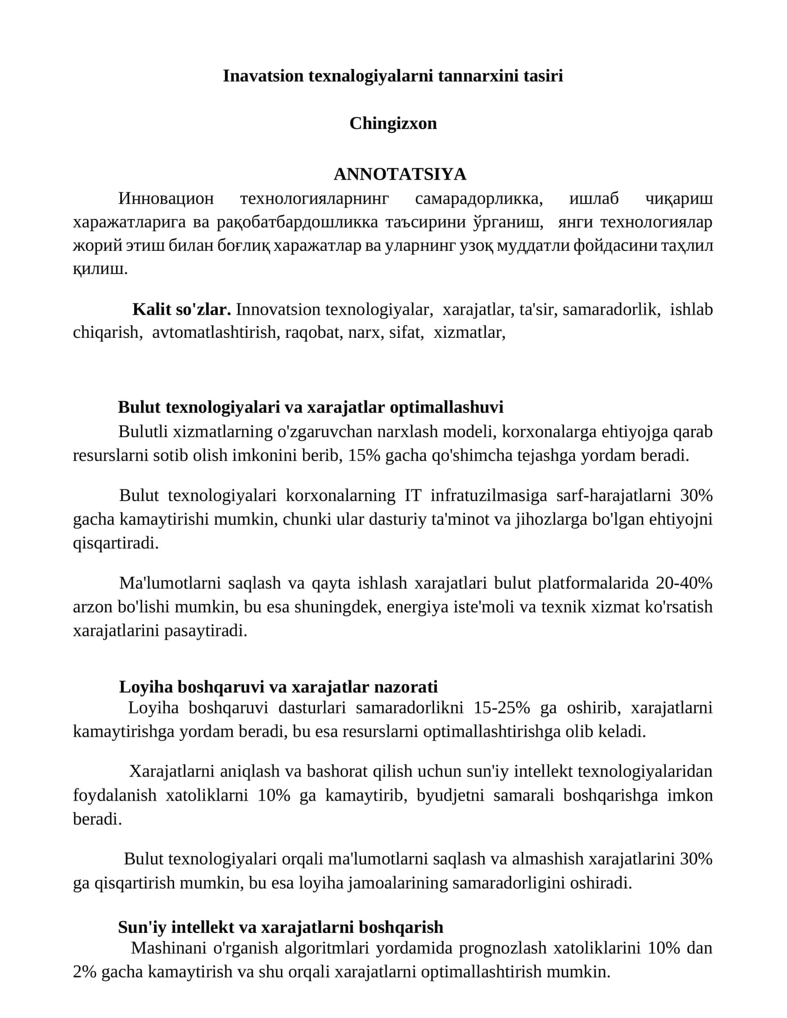 Bulut texnologiyalari va xarajatlar optimallashuvi