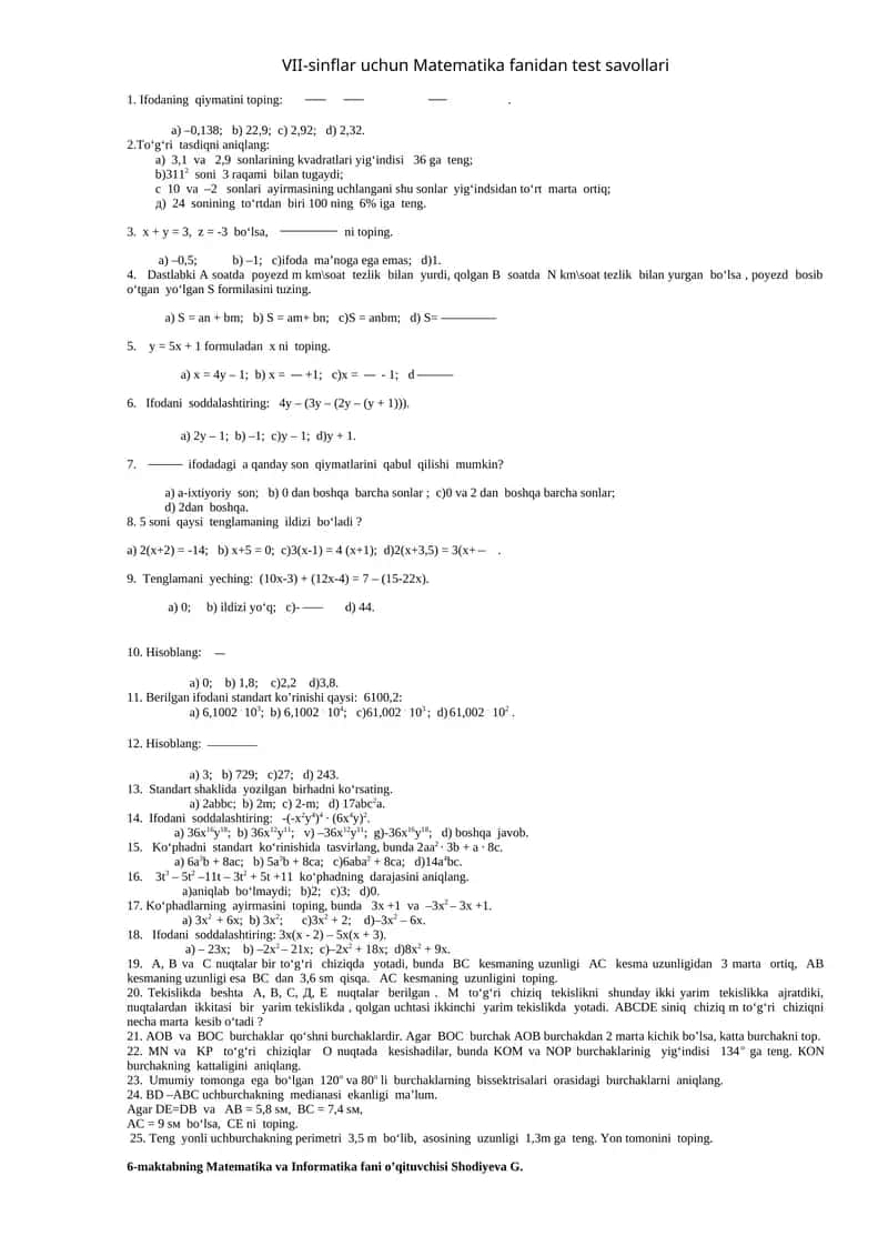 VII-sinflar uchun Matematika fanidan test savollari