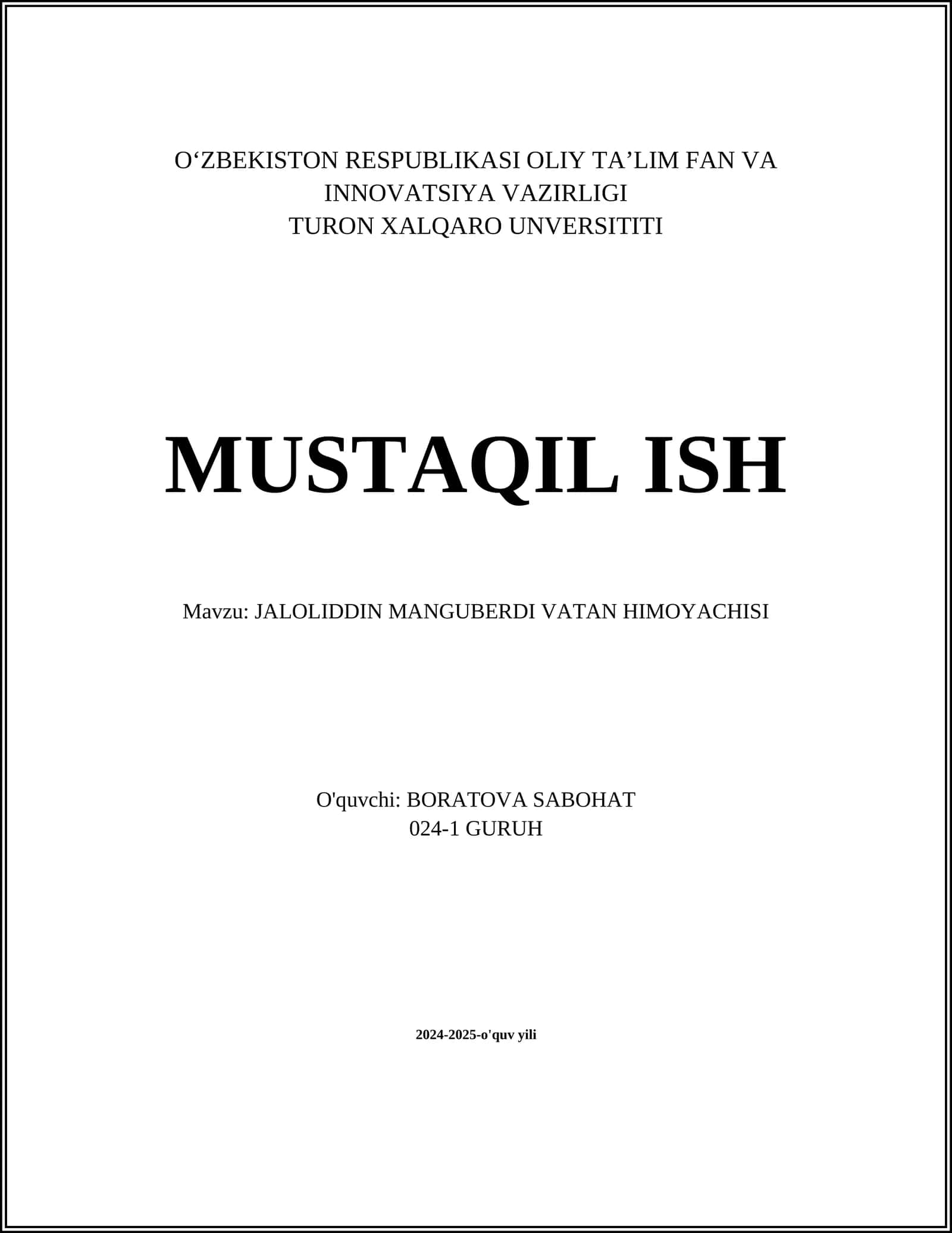 JALOLIDDIN MANGUBERDI VATAN HIMOYACHISI