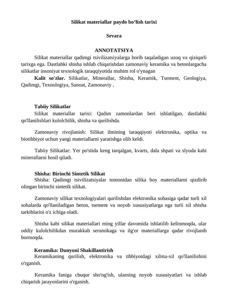 Silikat materiallar paydo boʻlish tarixi