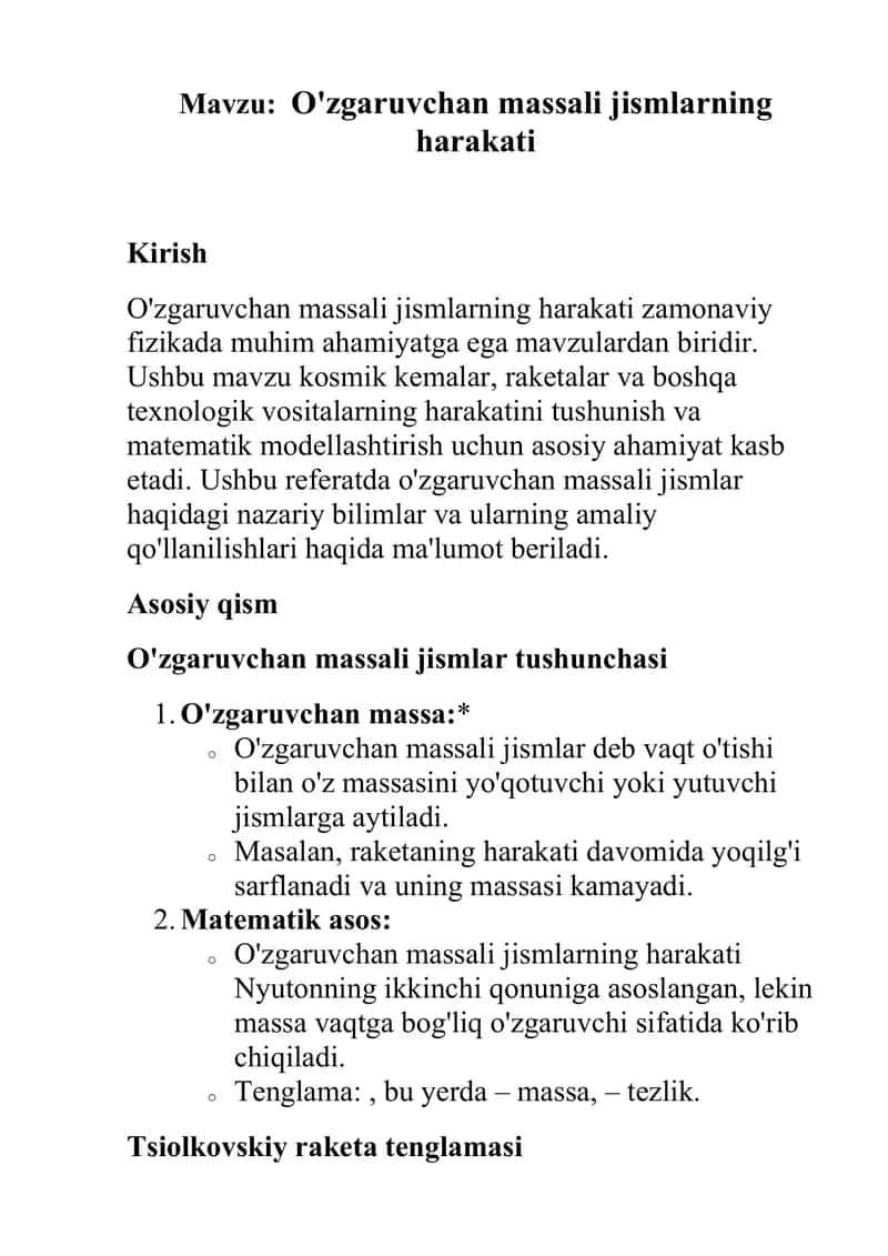 oʻzgaruvchan massali jism