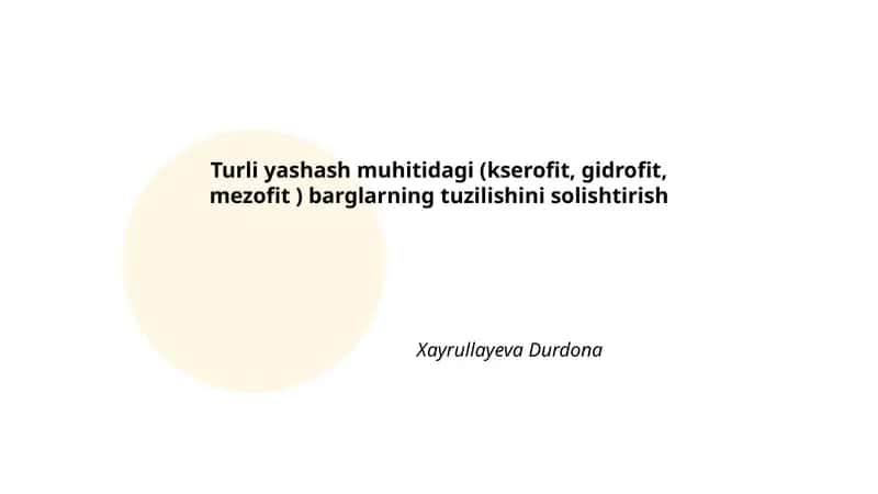 Turli yashash muhitidagi (kserofit, gidrofit, mezofit ) barglarning tuzilishini solishtirish