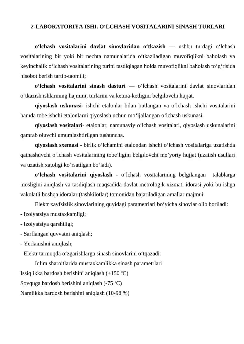 O‘LCHASH VOSITALARINI SINASH TURLARI