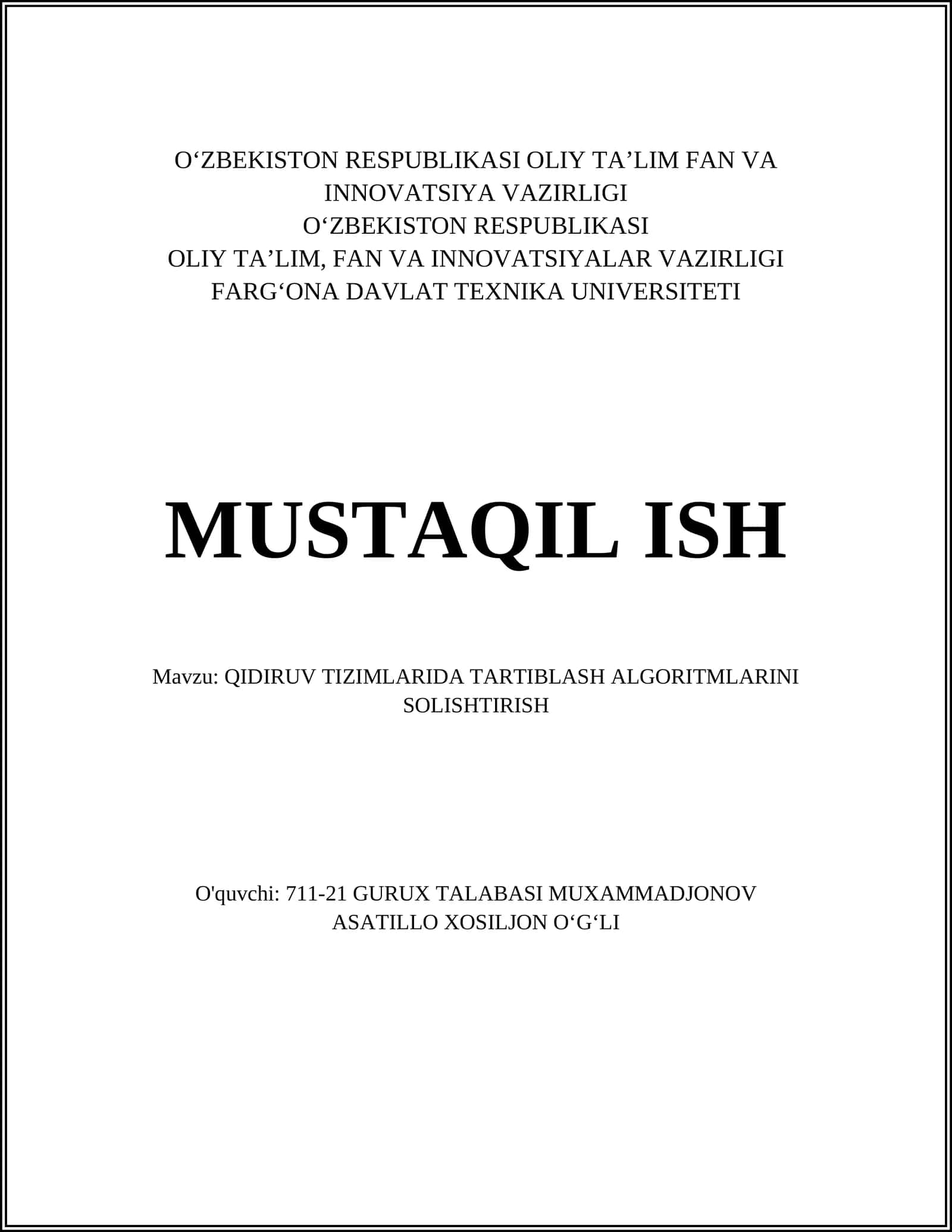 QIDIRUV TIZIMLARIDA TARTIBLASH ALGORITMLARINI SOLISHTIRISH