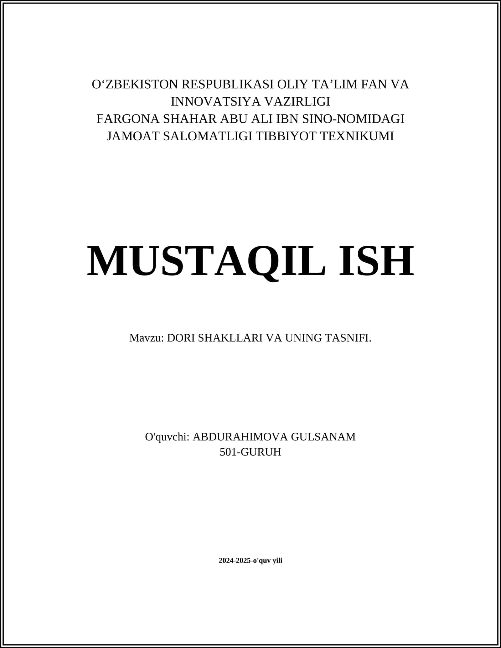 DORI SHAKLLARI VA UNING TASNIFI