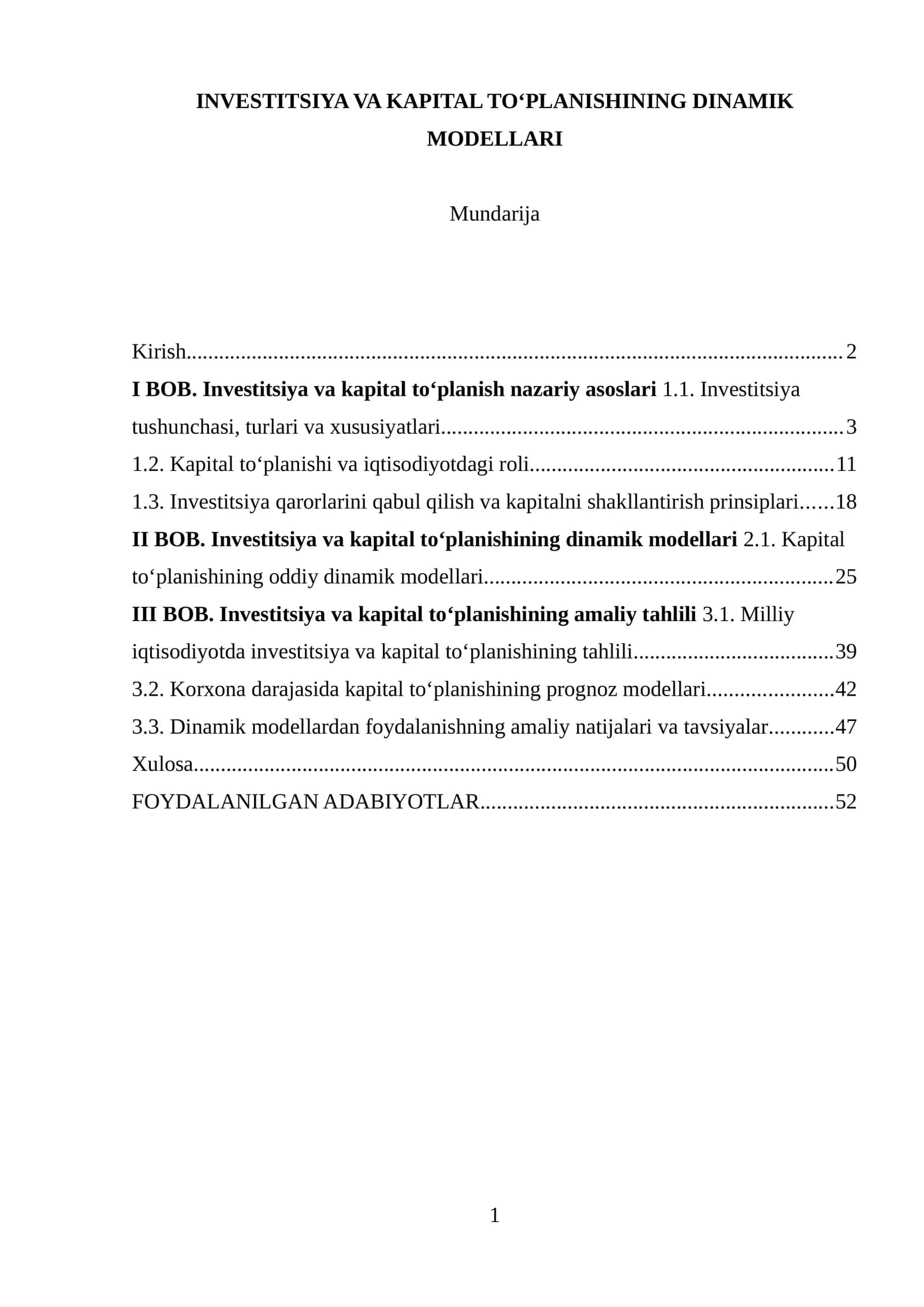 INVESTITSIYA VA KAPITAL TOʻPLANISHINING DINAMIK MODELLARI