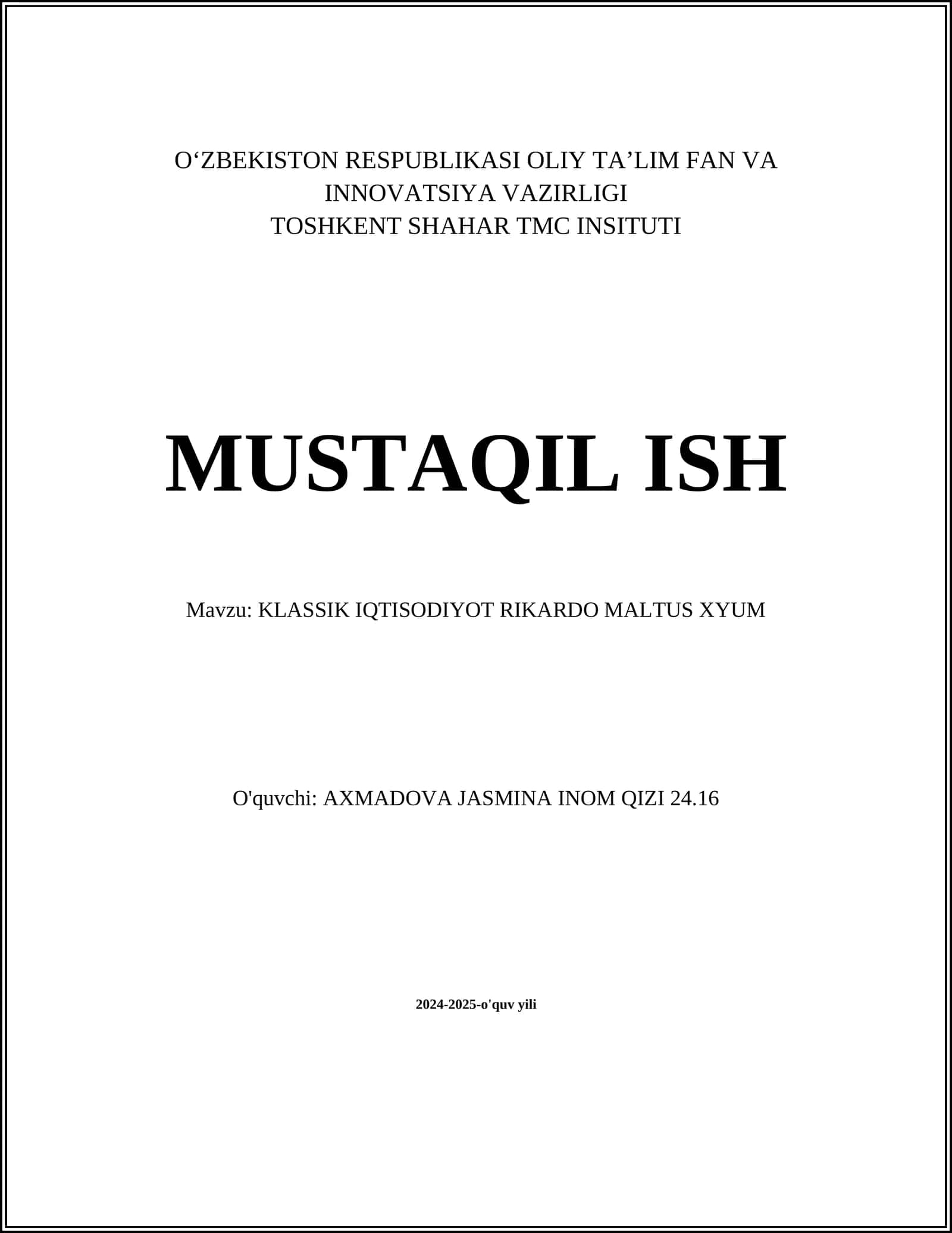 KLASSIK IQTISODIYOT RIKARDO MALTUS XYUM