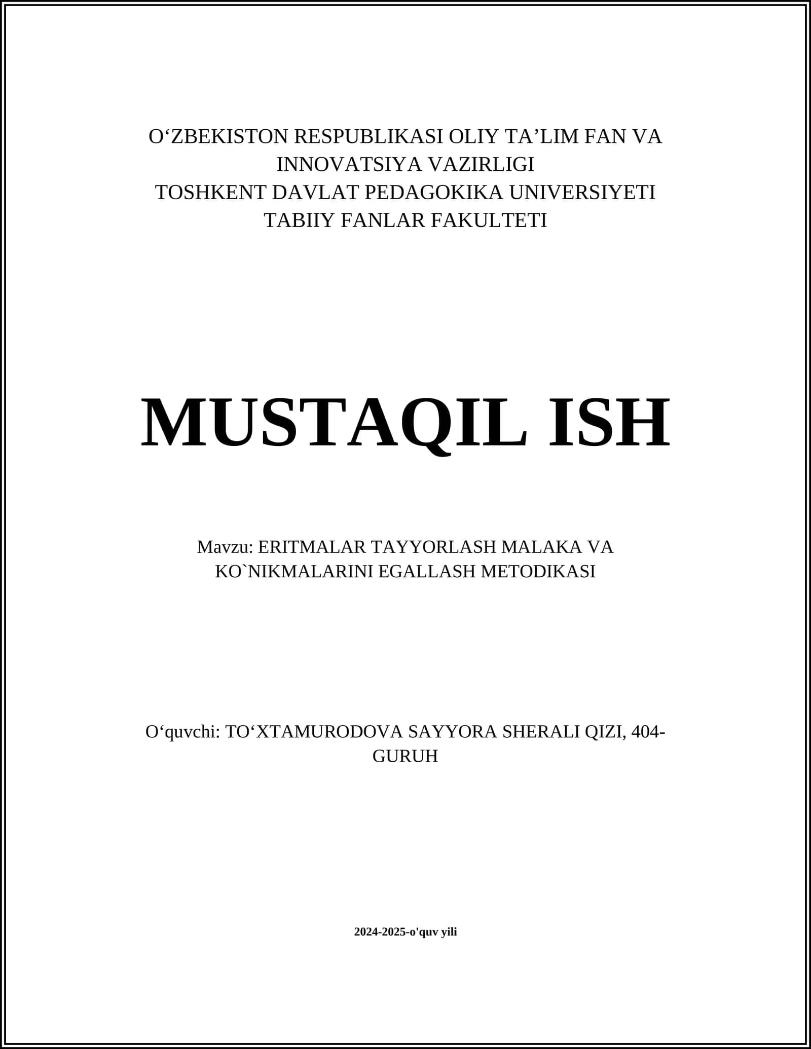 ERITMALAR TAYYORLASH MALAKA VA KO`NIKMALARINI EGALLASH METODIKASI