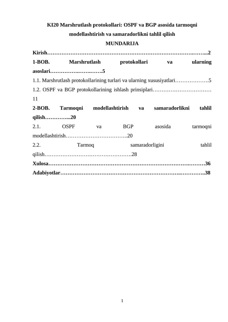 KI20 Marshrutlash protokollari: OSPF va BGP asosida tarmoqni modellashtirish va samaradorlikni tahlil qilish